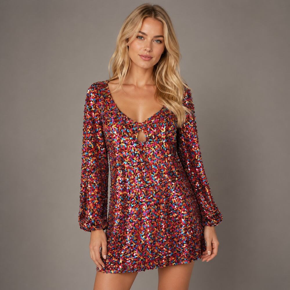 Lucy Paris Rainbow Sequin Mini Dress L Blouson Sleeve Party Glam